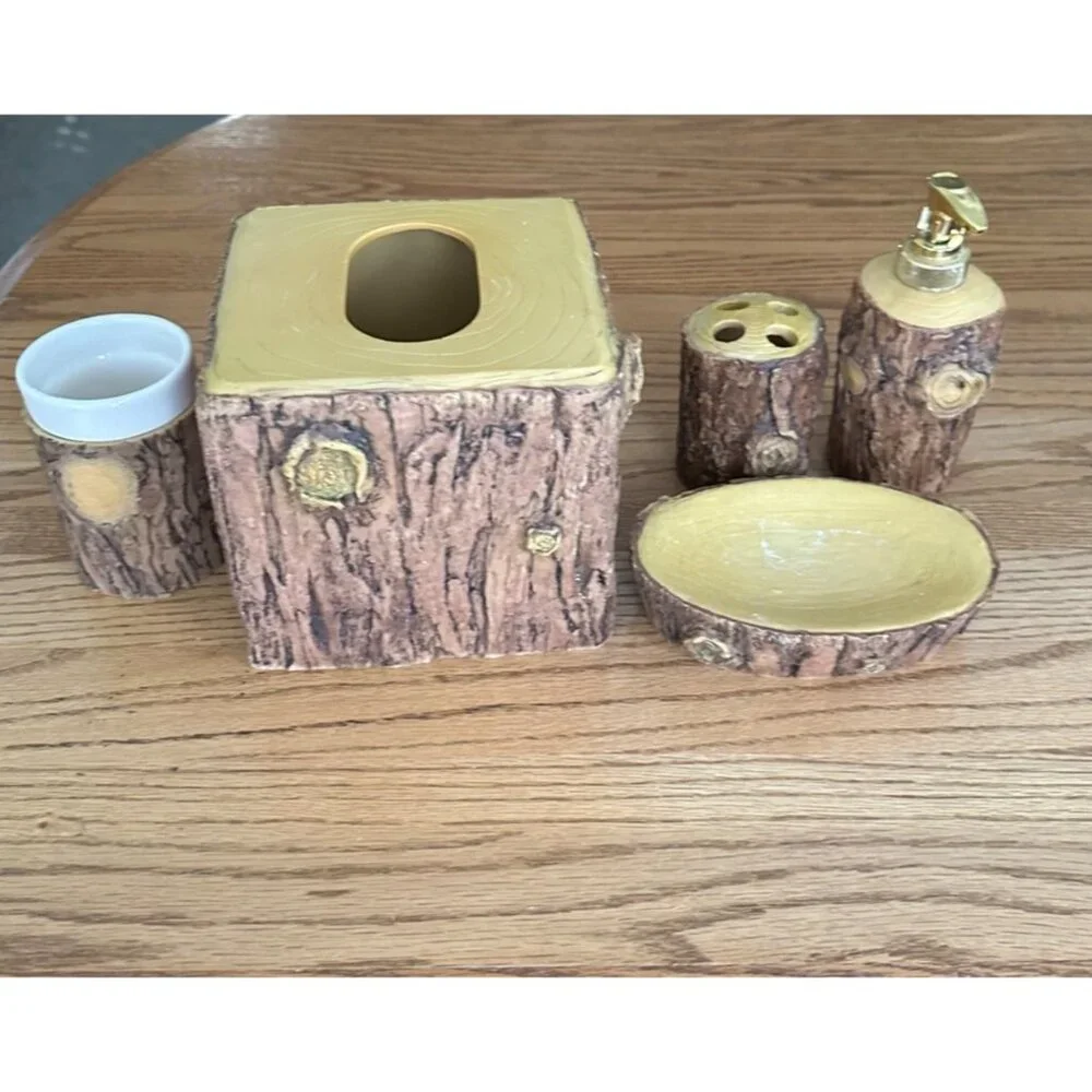 Rustic TreeBark BathroomSet - Soap Dispenser Toothbrush Holder Tumbler TissueBox